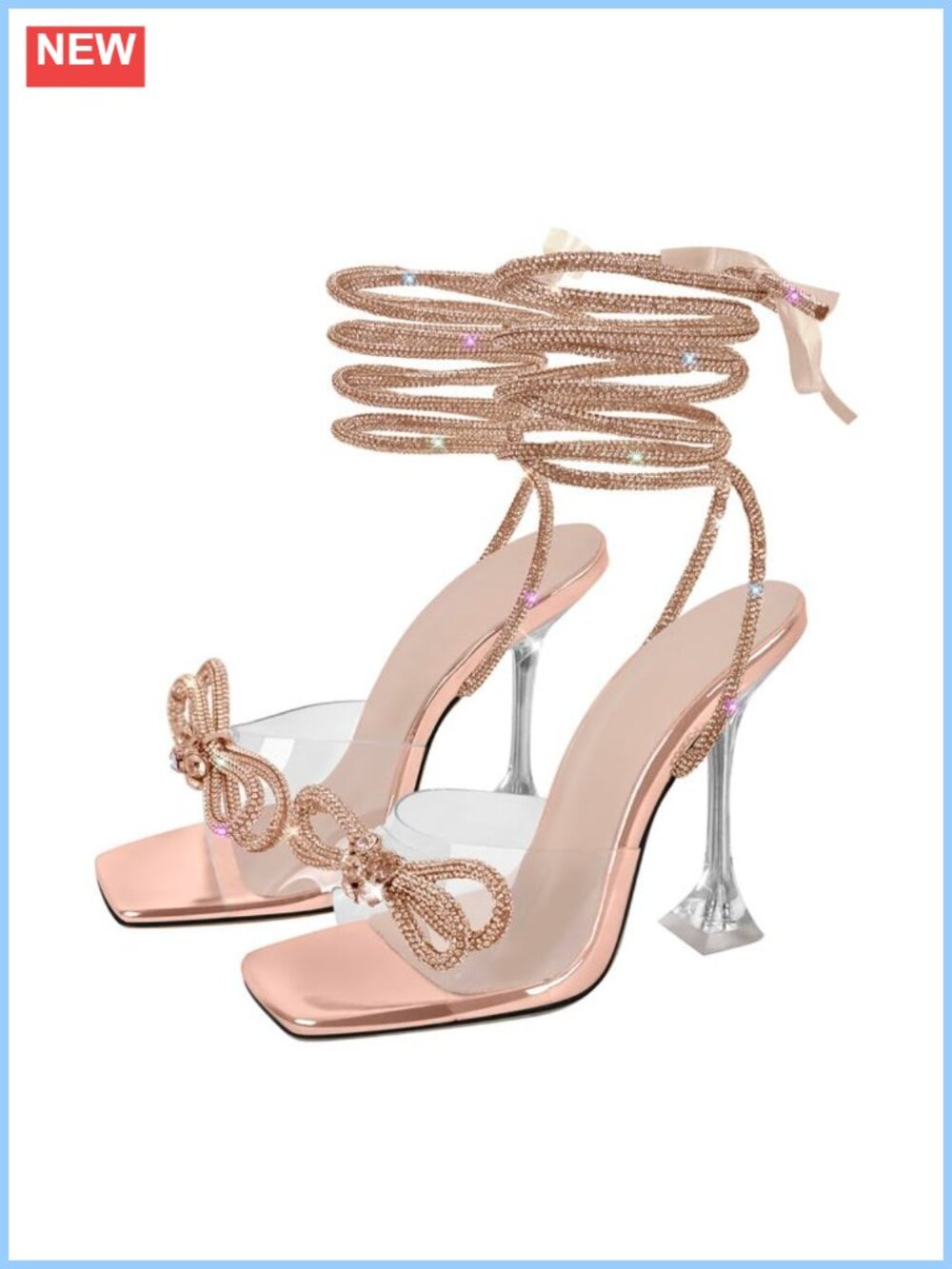 Clear Lace Up Stiletto Heeled Sandals Rhinestone Bow